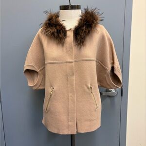 Dolce Cabo Short Sleeve Cardigan w Real Raccoon Fur Collar S/M Tan